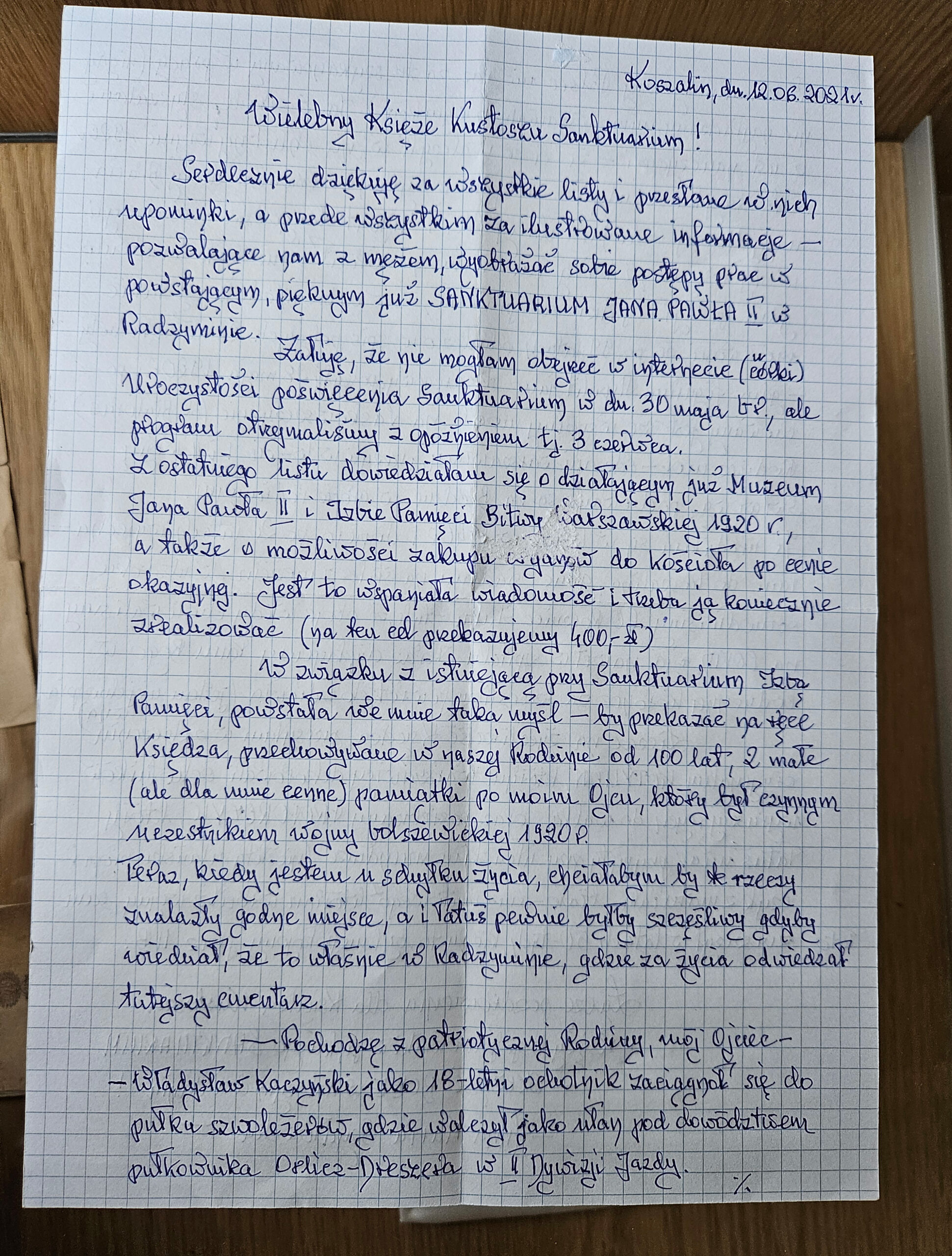 List Anny Marii Szydłowskiej – córki ochotnika 1920 roku w składzie 1 Pułku Szwoleżerów, Władysława Kaczyńskiego