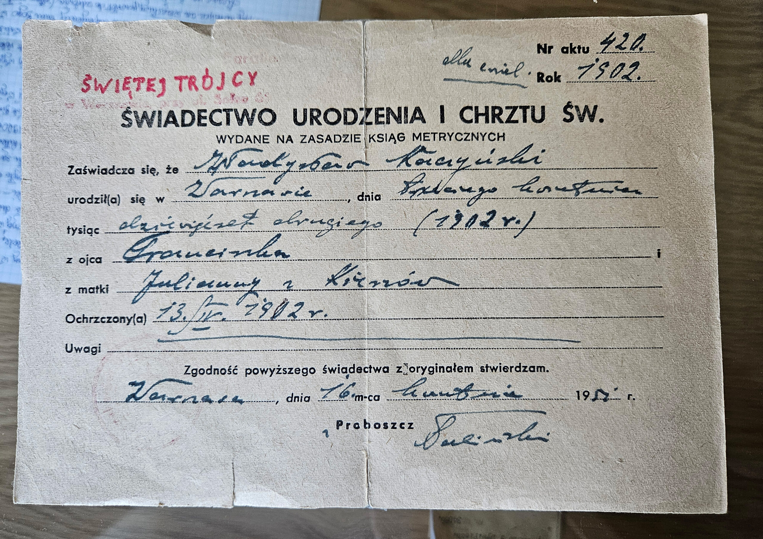 Świadectwo urodzenia i Chrztu Władysława Kaczyńskiego, ochotnika wojny Polsko-Bolszewickiej w składzie 1 Pułku Szwoleżerów